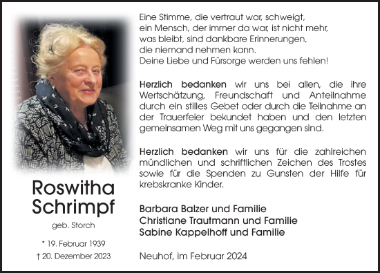 Traueranzeige von Roswitha Schrimpf von FZ