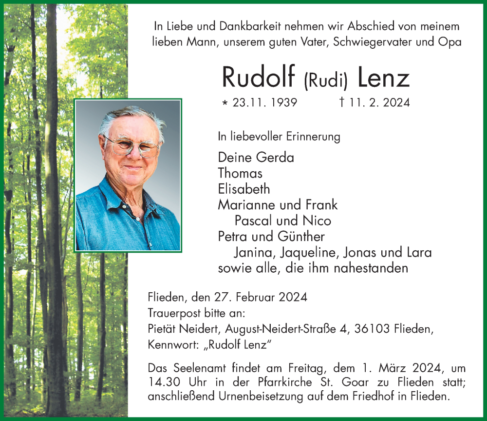  Traueranzeige für Rudolf Lenz vom 27.02.2024 aus FZ