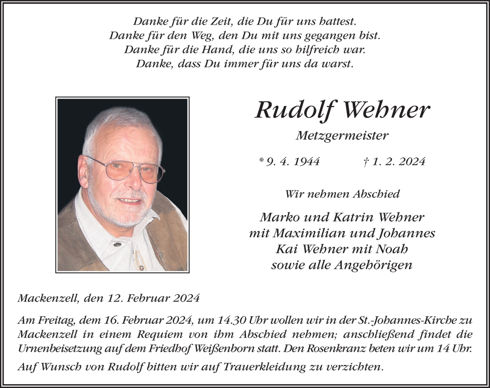  Traueranzeige für Rudolf Wehner vom 12.02.2024 aus FZ