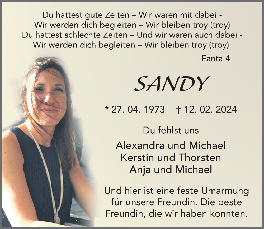  Traueranzeige für Sandra Fischer vom 22.02.2024 aus FZ