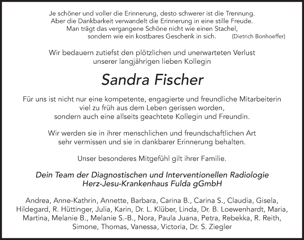  Traueranzeige für Sandra Fischer vom 22.02.2024 aus FZ