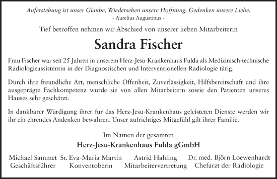 Traueranzeige von Sandra Fischer von FZ