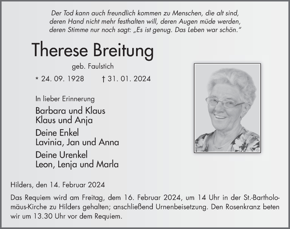  Traueranzeige für Therese Breitung vom 14.02.2024 aus FZ