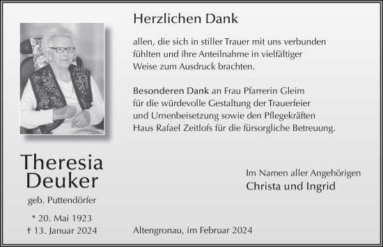 Traueranzeige von Theresia Deuker von FZ