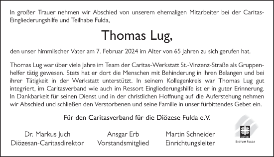 Traueranzeige von Thomas Lug von FZ