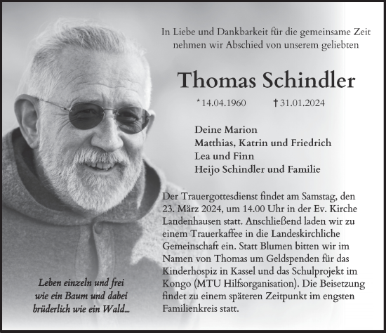 Traueranzeige von Thomas Schindler von FZ