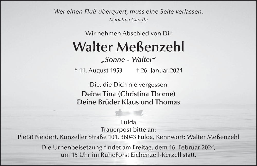  Traueranzeige für Walter Meßenzehl vom 12.02.2024 aus FZ