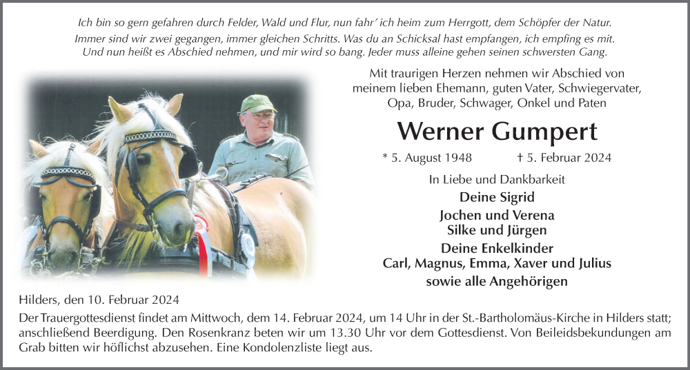  Traueranzeige für Werner Gumpert vom 10.02.2024 aus FZ