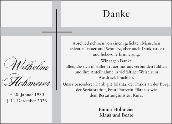 Traueranzeige von Wilhelm Hohmeier von FZ