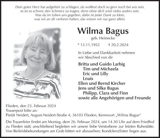 Traueranzeige von Wilma Bagus von FZ
