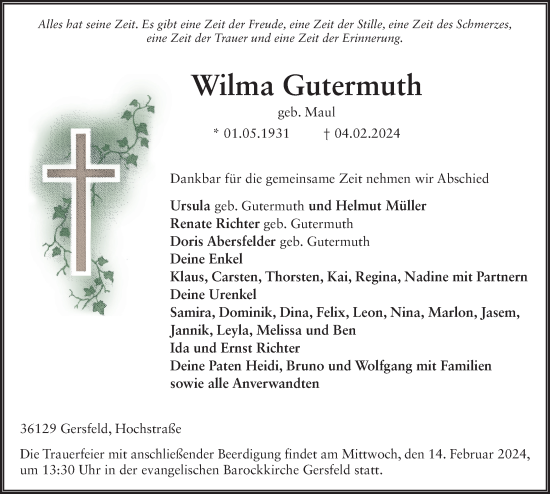 Traueranzeige von Wilma Gutermuth von FZ