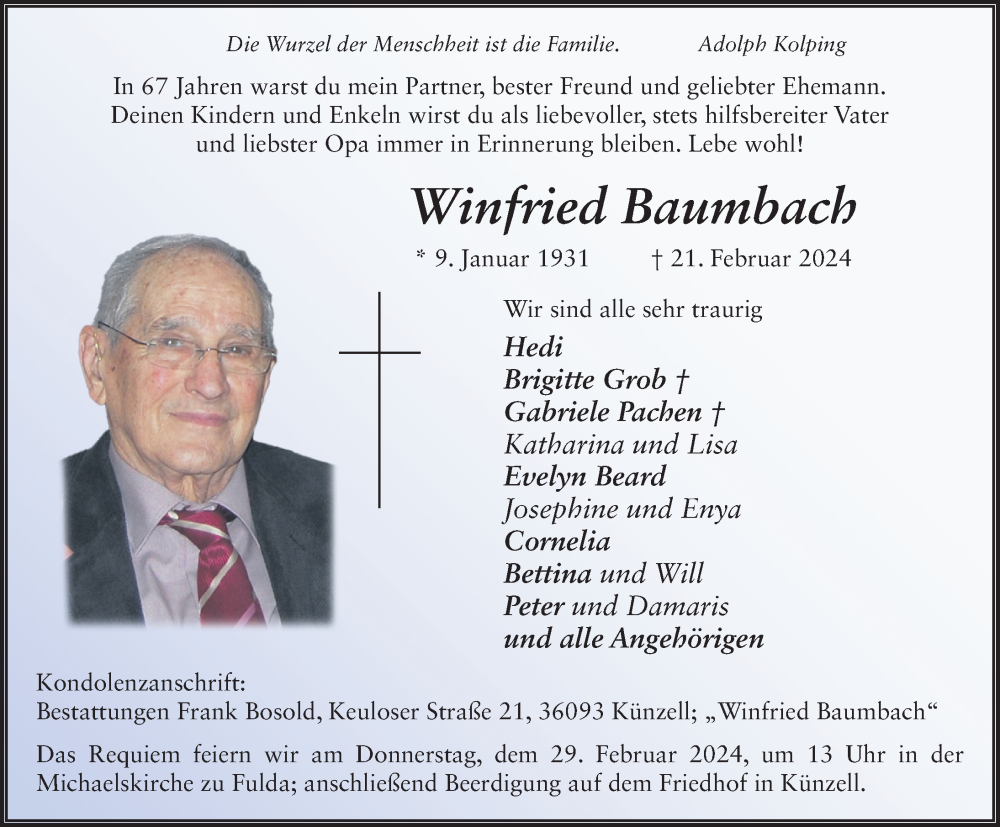  Traueranzeige für Winfried Baumbach vom 24.02.2024 aus FZ