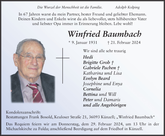 Traueranzeige von Winfried Baumbach von FZ