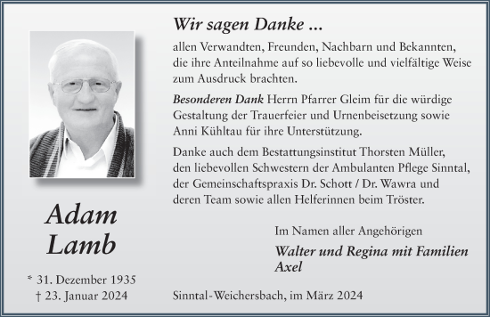 Traueranzeige von Adam Lamb von FZ