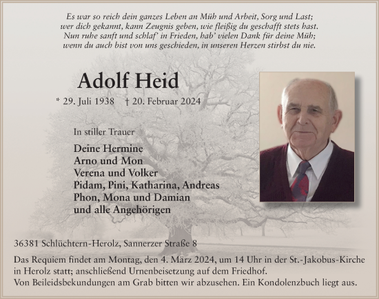 Traueranzeige von Adolf Heid von FZ