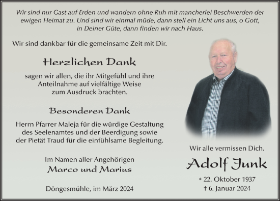 Traueranzeige von Adolf Junk von FZ