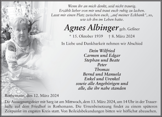 Traueranzeige von Agnes Albinger von FZ