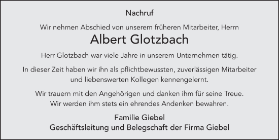 Traueranzeige von Albert Glotzbach von FZ