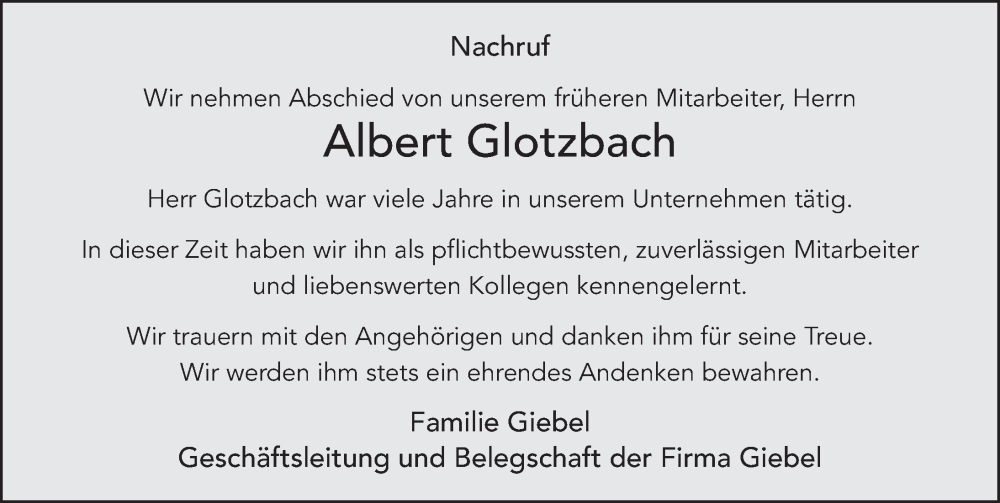  Traueranzeige für Albert Glotzbach vom 21.03.2024 aus FZ