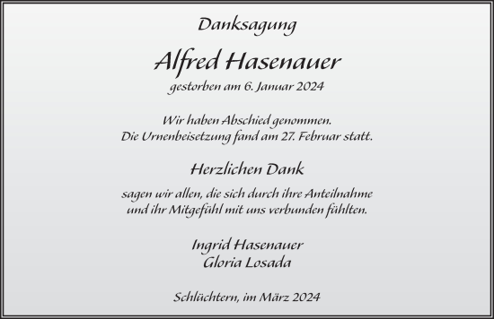 Traueranzeige von Alfred Hasenauer von FZ