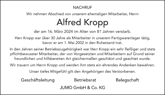 Traueranzeige von Alfred Kropp von FZ