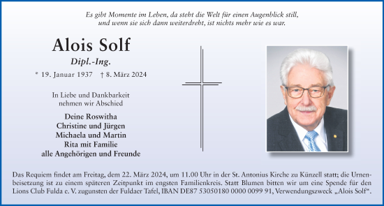 Traueranzeige von Alois Solf von FZ