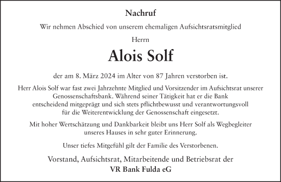 Traueranzeige von Alois Solf von FZ