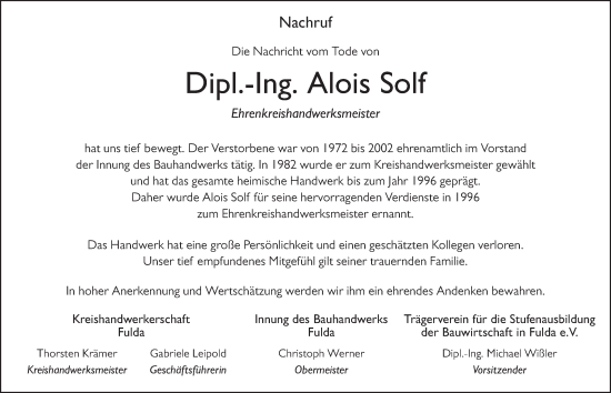 Traueranzeige von Alois Solf von FZ