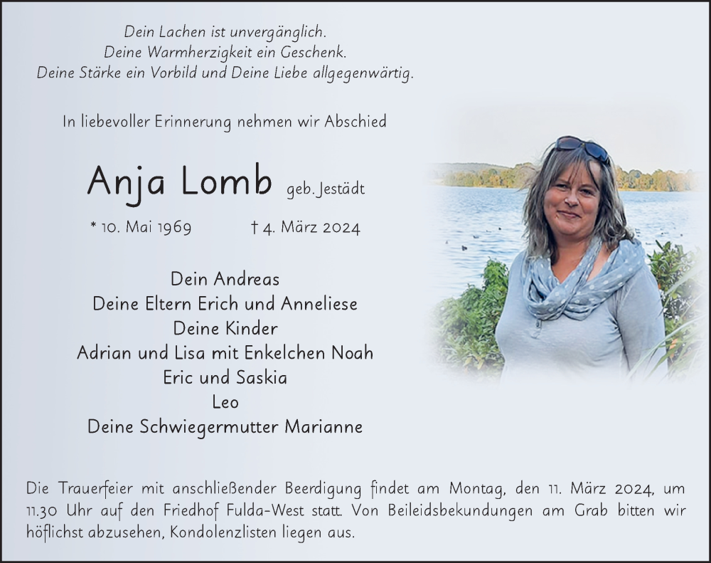  Traueranzeige für Anja Lomb vom 08.03.2024 aus FZ