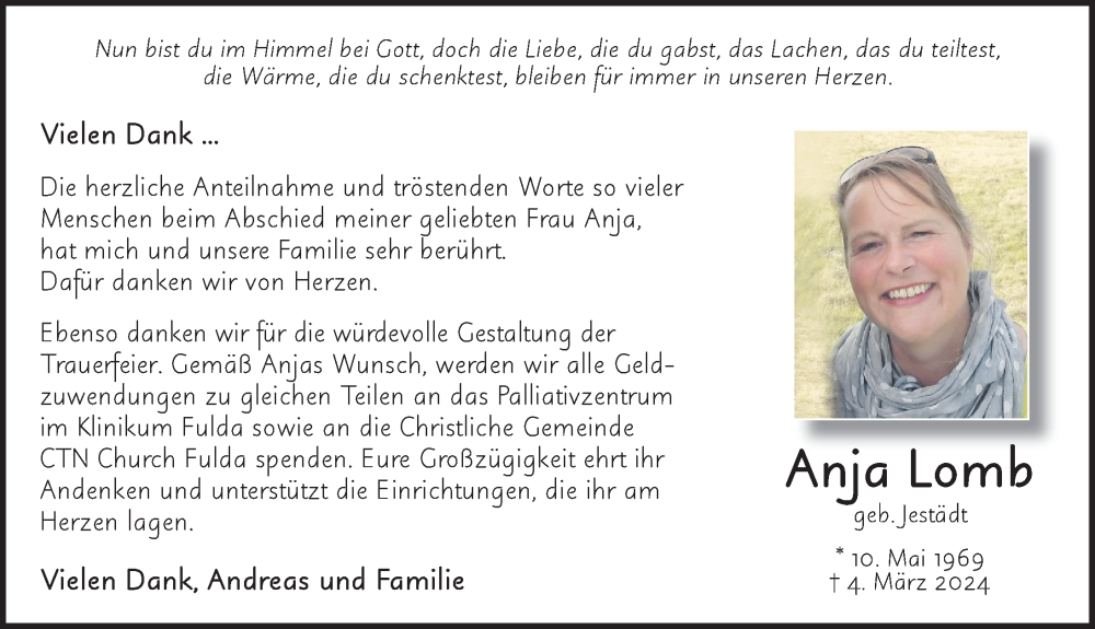  Traueranzeige für Anja Lomb vom 30.03.2024 aus FZ