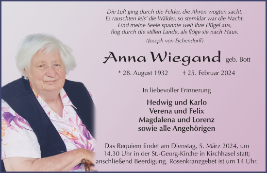 Traueranzeige von Anna Wiegand von FZ