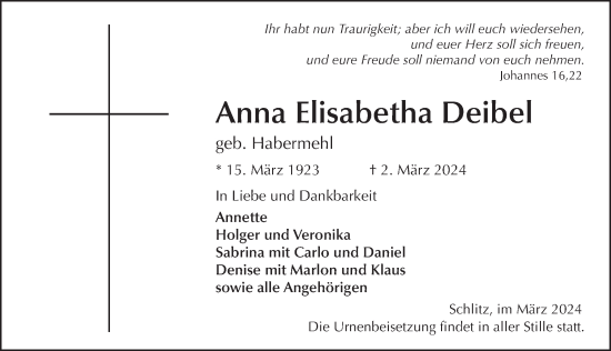 Traueranzeige von Anna Elisabetha Deibel von FZ