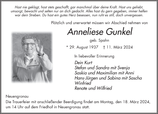 Traueranzeige von Anneliese Gunkel von FZ