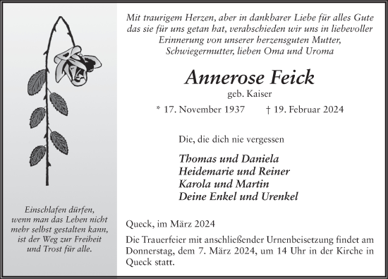 Traueranzeige von Annerose Feick von FZ