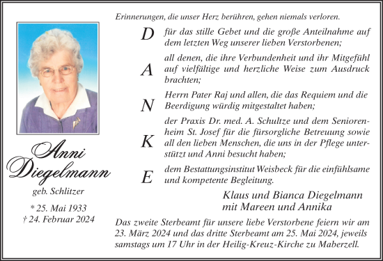 Traueranzeige von Anni Diegelmann von FZ