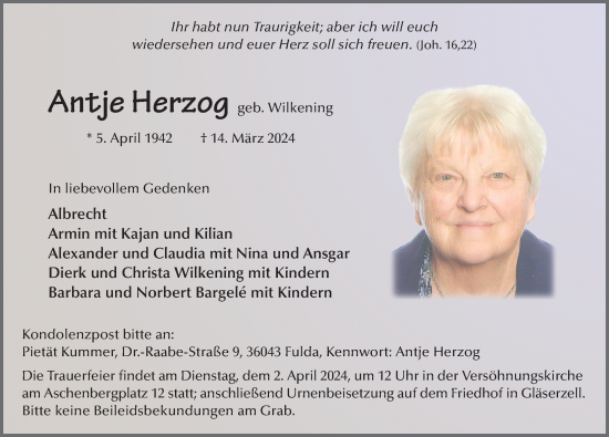 Traueranzeige von Antje Herzog von FZ