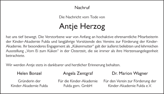 Traueranzeige von Antje Herzog von FZ