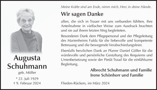 Traueranzeige von Augusta Schuhmann von FZ