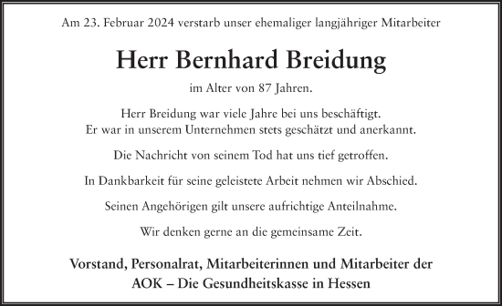 Traueranzeige von Bernhard Breidung von FZ