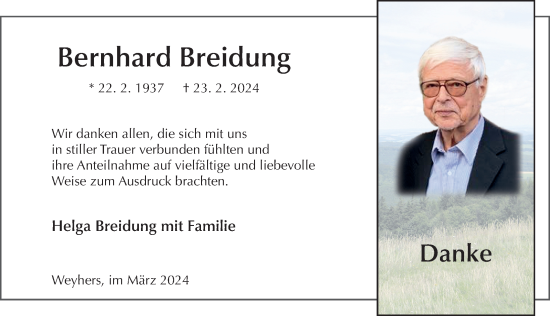 Traueranzeige von Bernhard Breidung von FZ