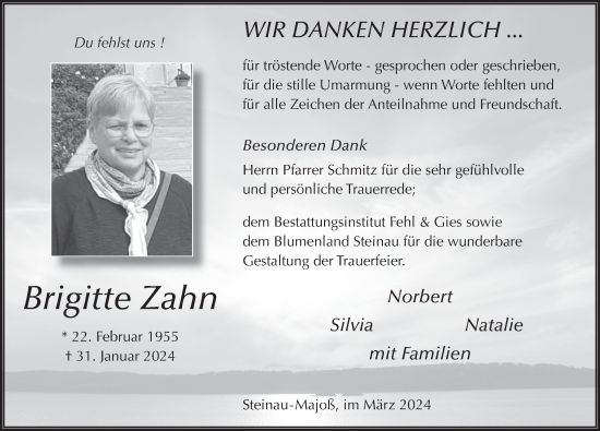 Traueranzeige von Brigitte Zahn von FZ