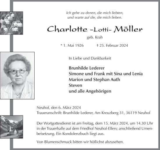 Traueranzeige von Charlotte Möller von FZ