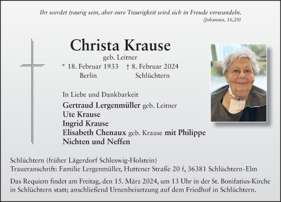 Traueranzeige von Christa Krause von FZ