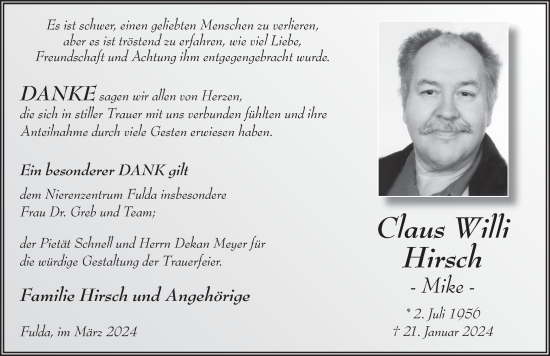 Traueranzeige von Claus Willi Hirsch von FZ