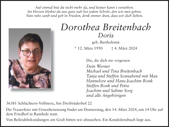 Traueranzeige von Dorothea Breitenbach von FZ