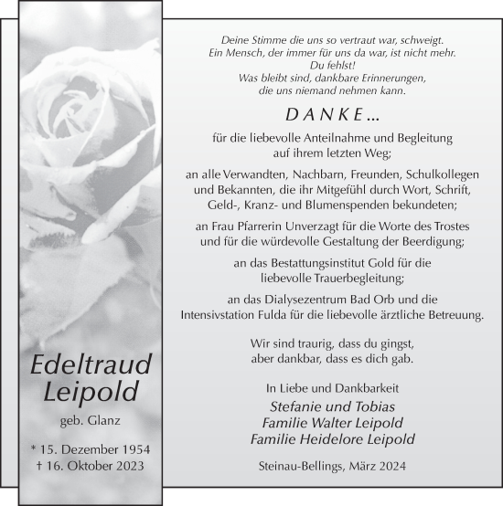 Traueranzeige von Edeltraud Leipold von FZ