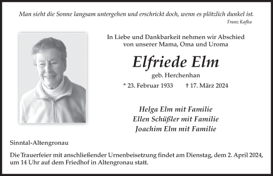 Traueranzeige von Elfriede Elm von FZ