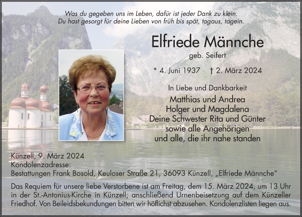  Traueranzeige für Elfriede Männche vom 09.03.2024 aus FZ