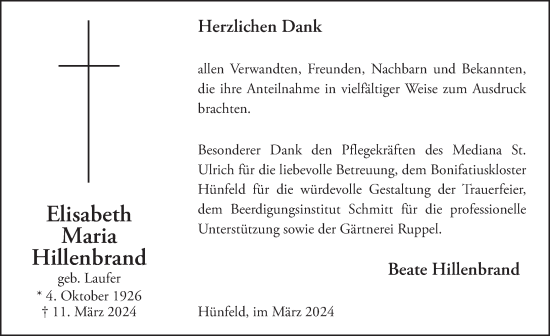 Traueranzeige von Elisabeth Maria Hillenbrand von FZ