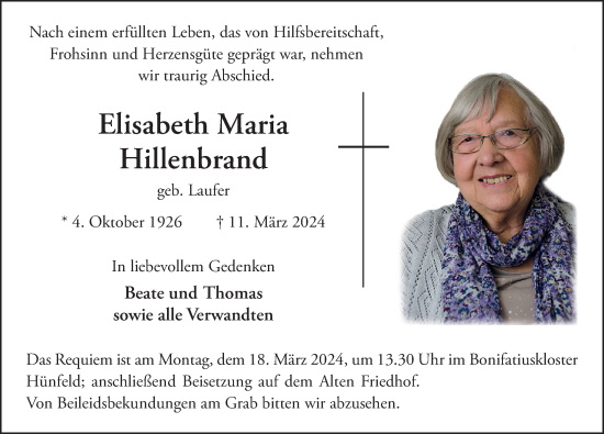 Traueranzeige von Elisabeth Maria Hillenbrand von FZ